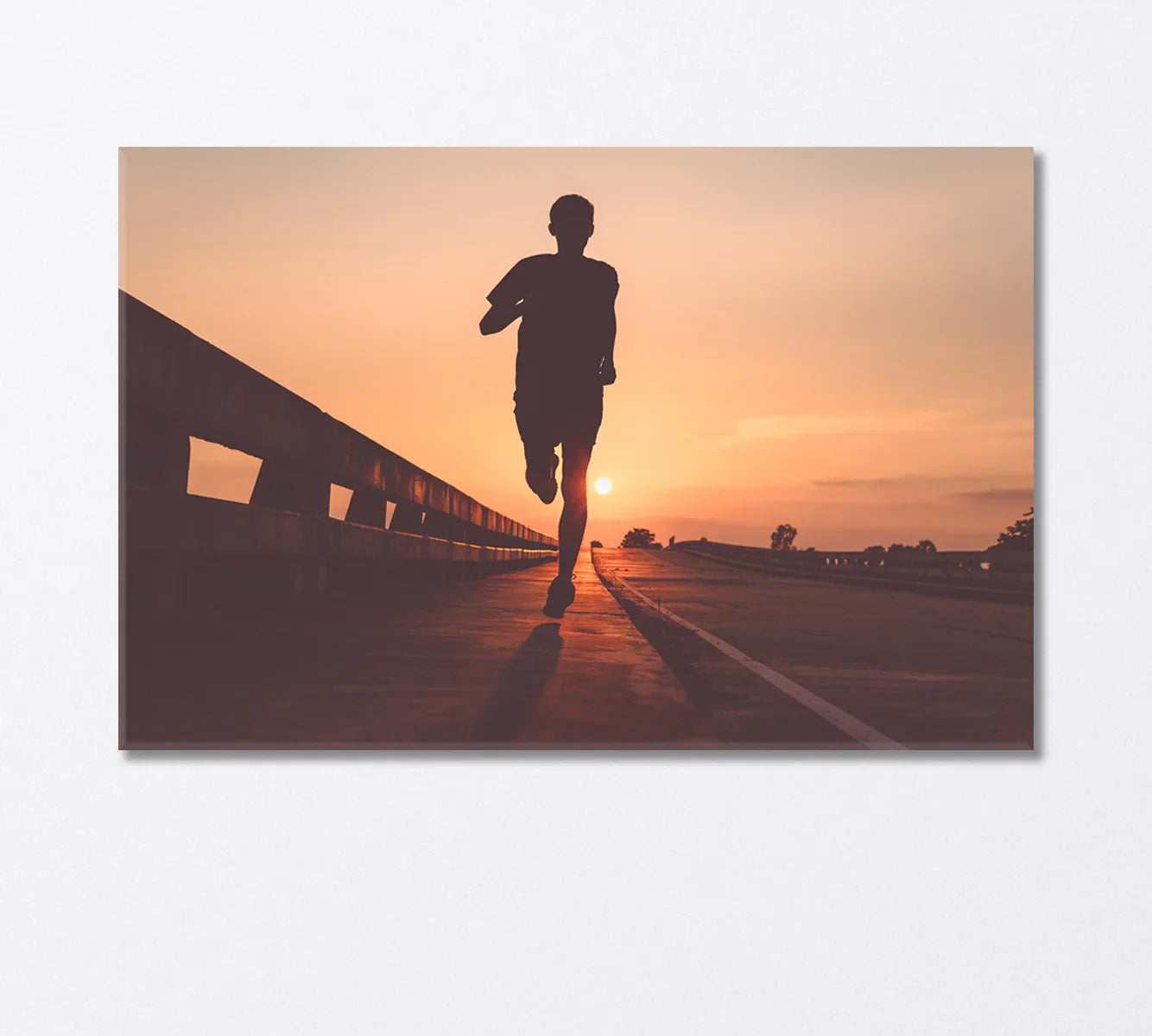 Runner at sunrise — silhouette against warm sky on canvas