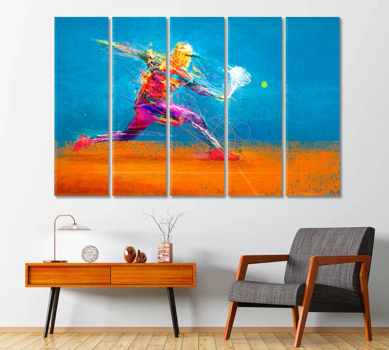 Abstract tennis player in motion — five-panel wall art for wide walls